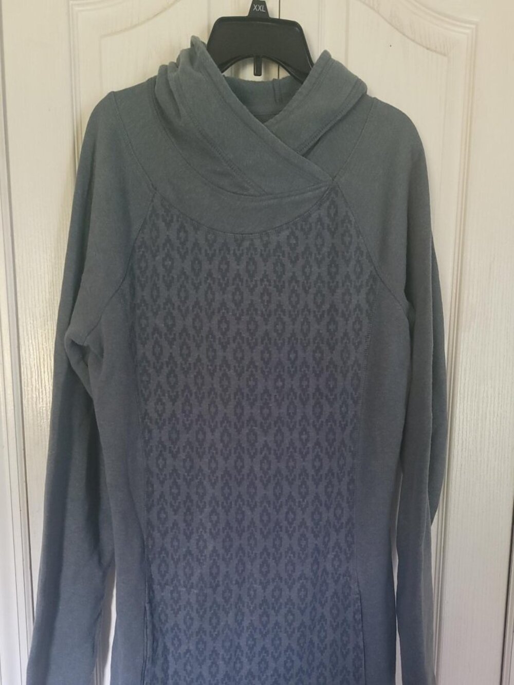 prAna Women's XL Cowl Neck Tunic Sweatshirt Charcoal Fleece Lined Kangaroo Pocke